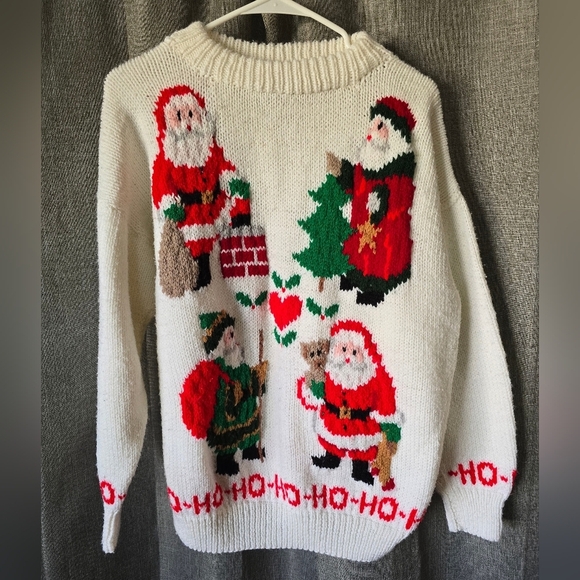 Handmade Knit Sweater Santas The World Christmas Size L White Vtg - Picture 1 of 7